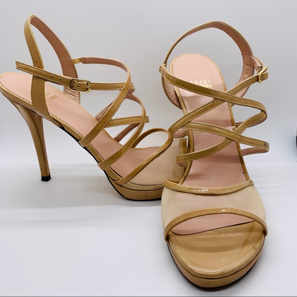 Stuart Weizman Tan Patent Leather Sandals 4.5” HeelSize 8.5 M
